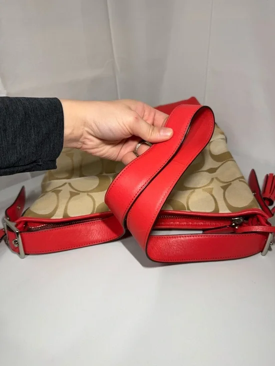 Coach Signature Canvas Red Leather Trim Large Shoulder Bag Hobo Tassel - Picture 11 of 16